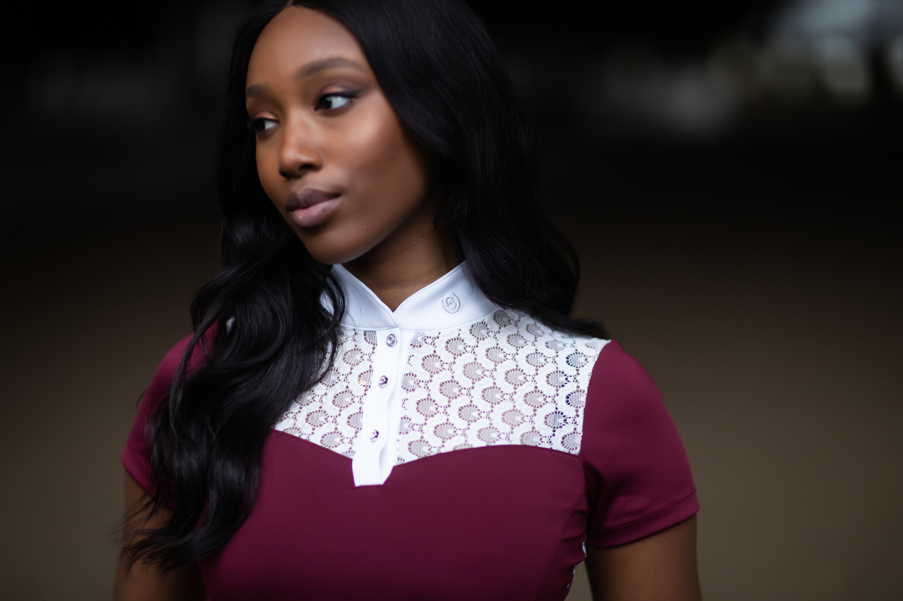 Champion Top Bordeaux and White competition polo shirt - Equestrian Stockholm